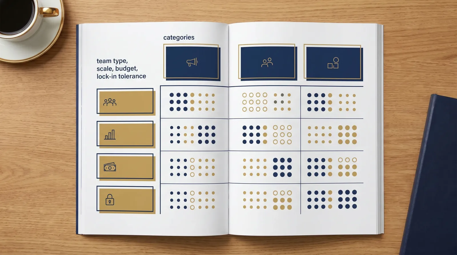 Decision matrix showing team type, complexity, budget, lock-in tolerance, and time-to-agent mapped to code frameworks, no-code platforms, and Claude Code agents