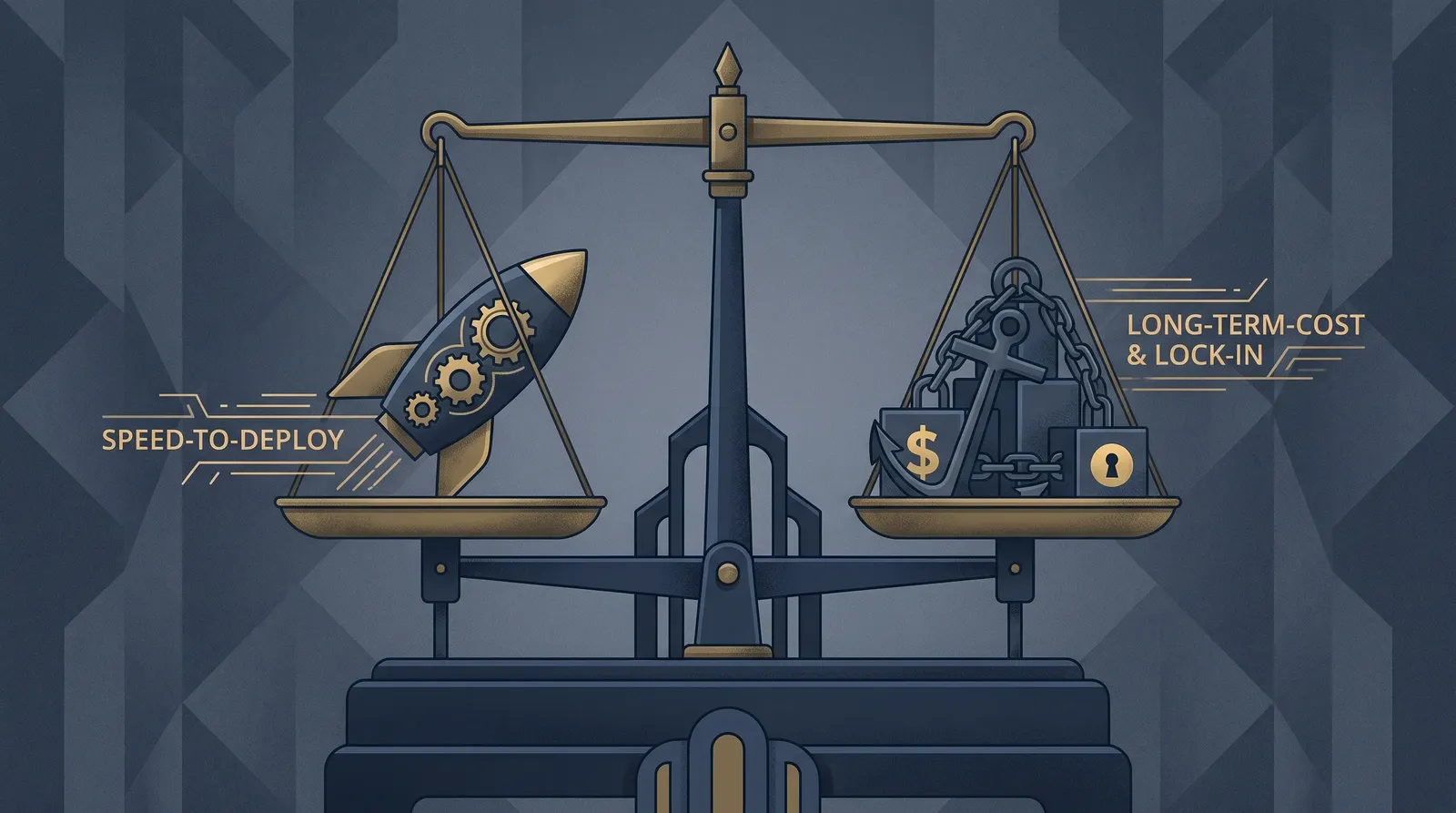 Trade-off scale illustration weighing speed-to-deploy against long-term cost and vendor lock-in