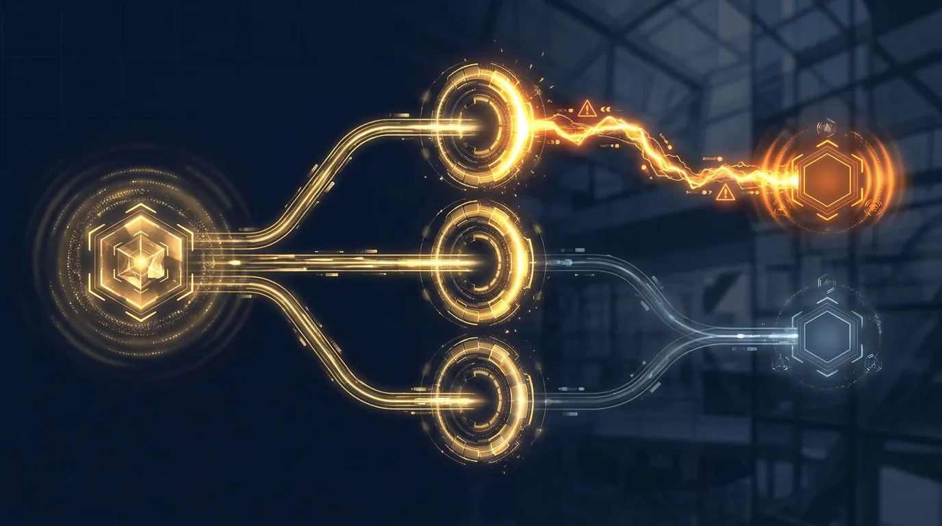 Alert flow diagram showing event source, threshold evaluation rings, and notification endpoint on dark navy background with gold accents