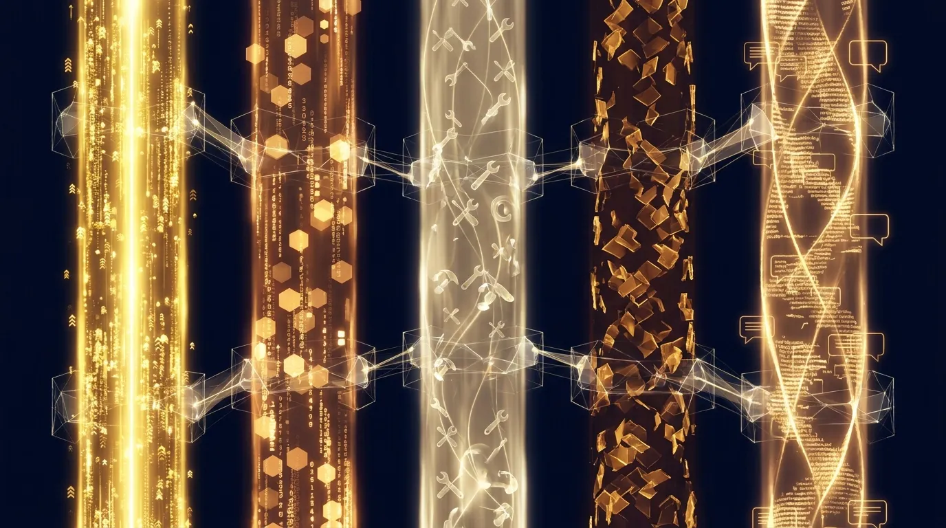 Five parallel glowing data streams on dark navy background, each stream representing a different agent log category