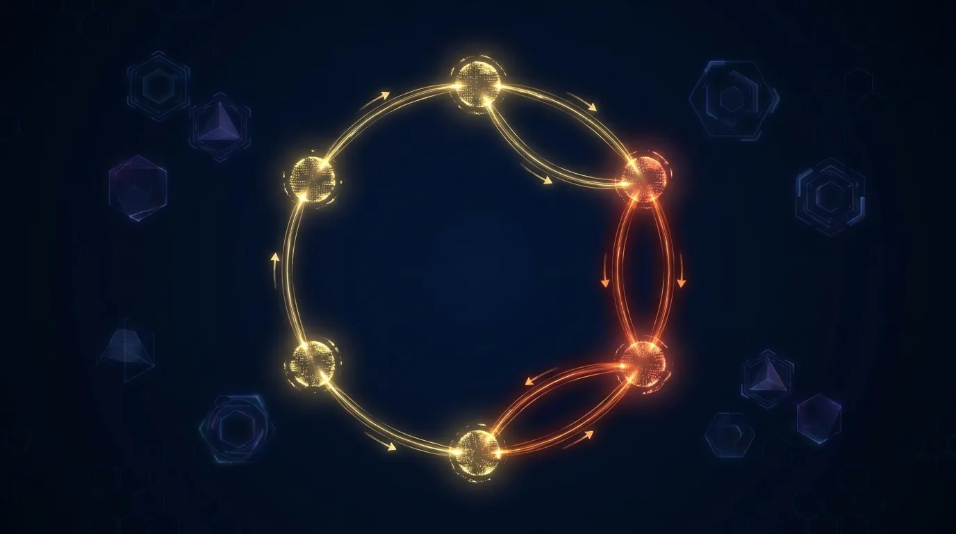 Network graph of five AI agent nodes connected by flowing message lines, with two nodes highlighted in amber showing a stuck reply loop