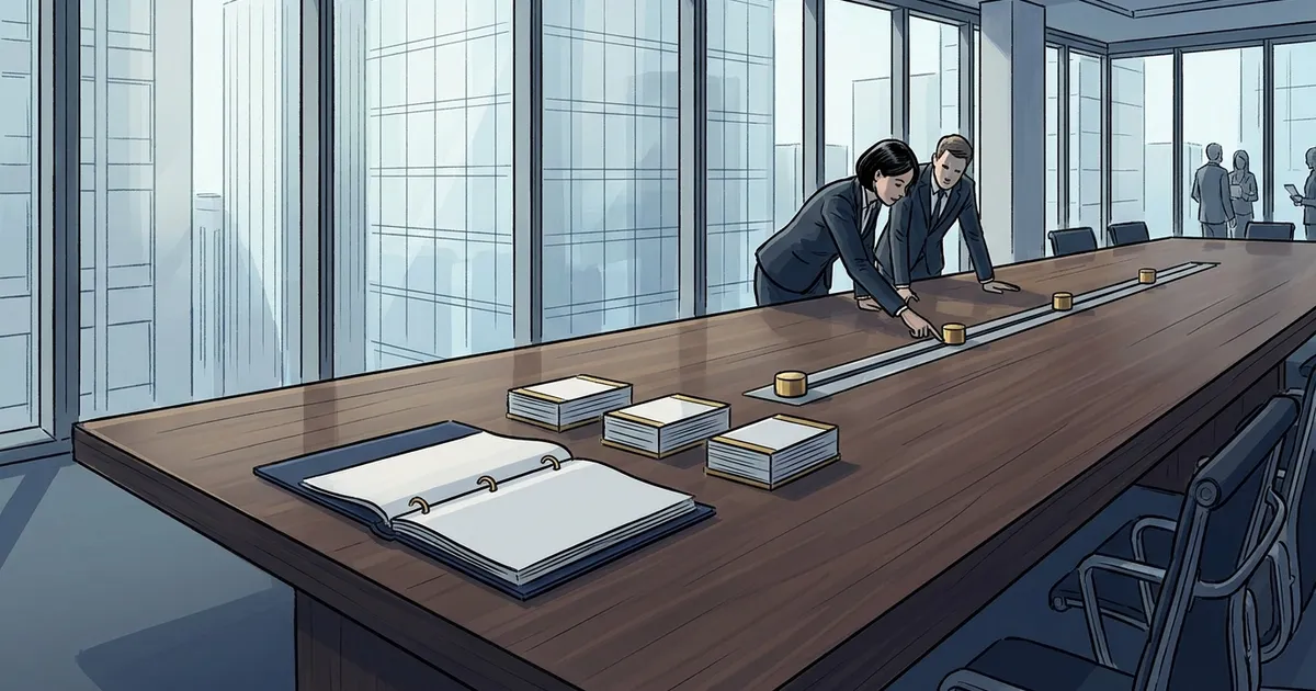 A bound assessment report open on a boardroom table beside three ranked stacks of pages and a staged timeline marked by three brass markers
