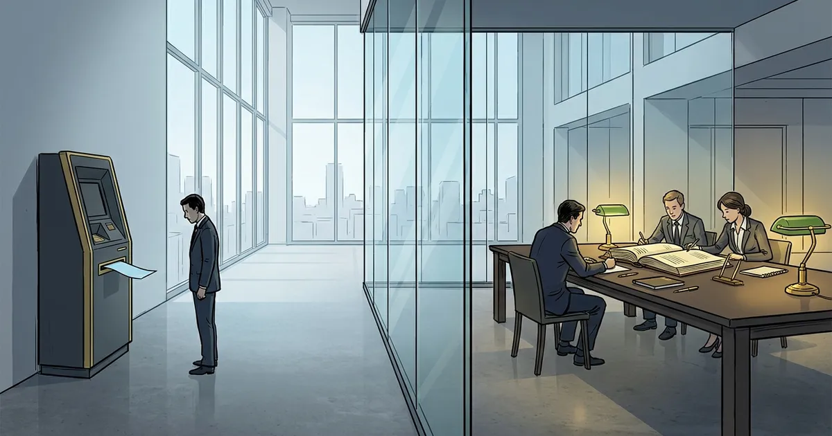 A lone figure collecting a single printed sheet from an automated kiosk on one side of a glass partition, and three colleagues working through a thick bound report together on the other