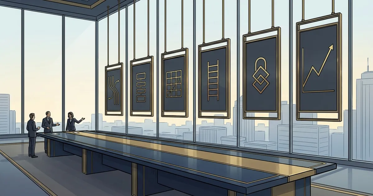 Six framed panels hung in a row above a boardroom table, each carrying a simple abstract diagram, with three colleagues reviewing them
