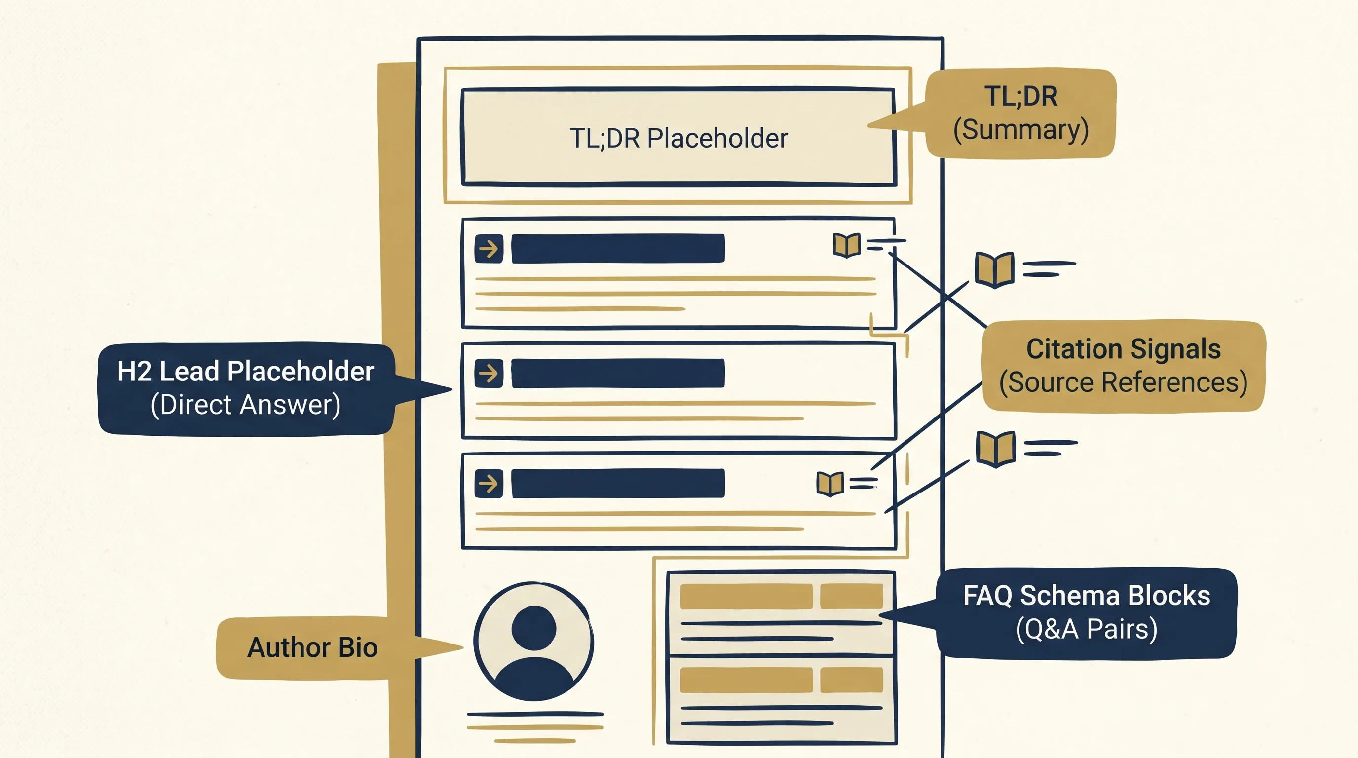 Blog post page structure mockup annotated with TL;DR, direct-answer H2 leads, FAQ schema, citation signals