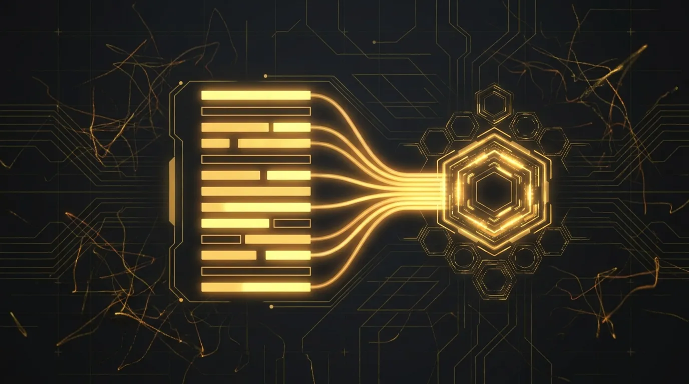 Structured, answer-first content being cleanly parsed and ingested by a generative AI engine, represented as clean data flowing into a processing node