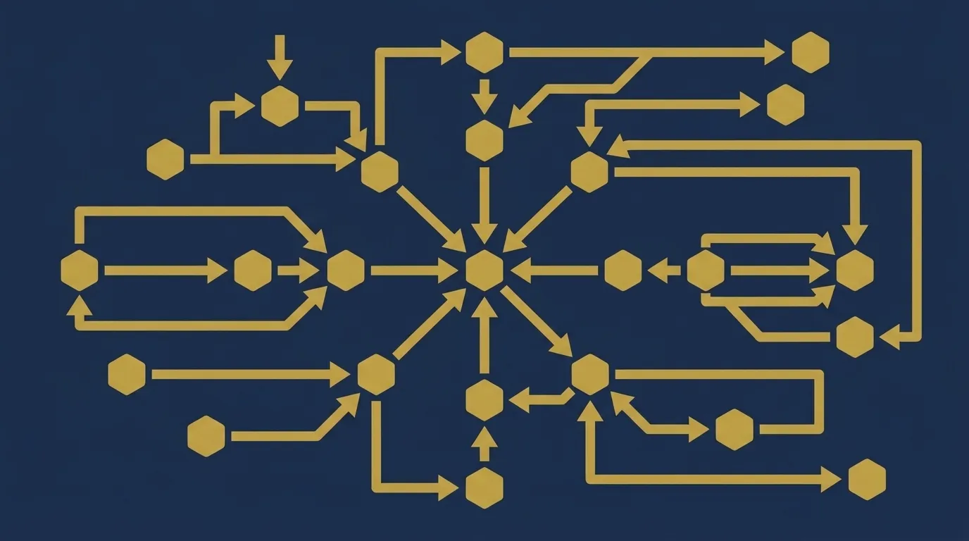 Abstract geometric network diagram representing modular AI agent architecture and orchestration flow