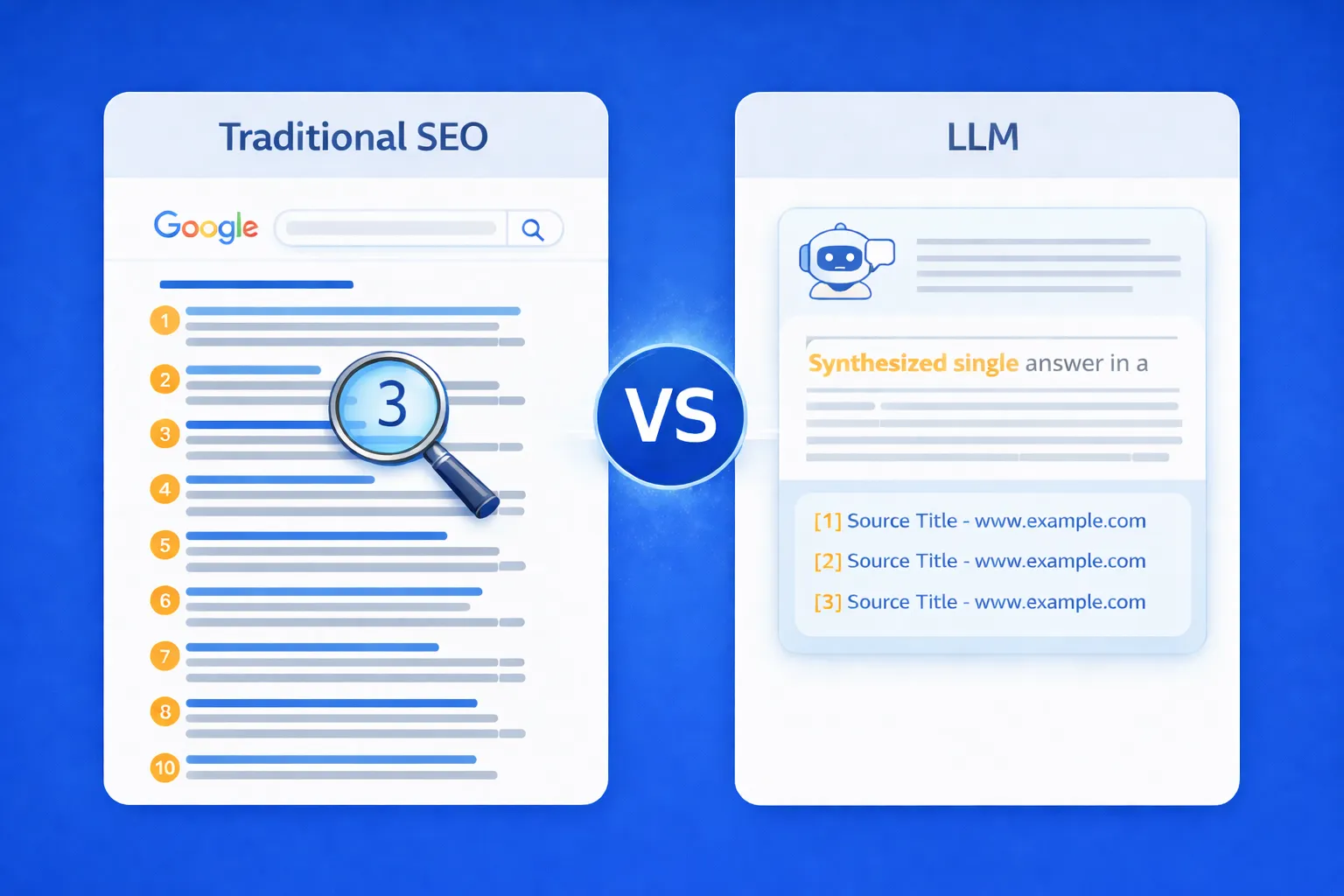 SEO vs LLMO comparison showing the shift from traditional search rankings to AI citations
