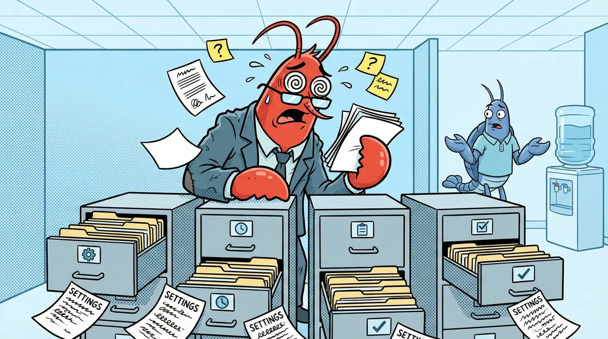Confused lobster surrounded by four filing cabinets with different settings in each drawer
