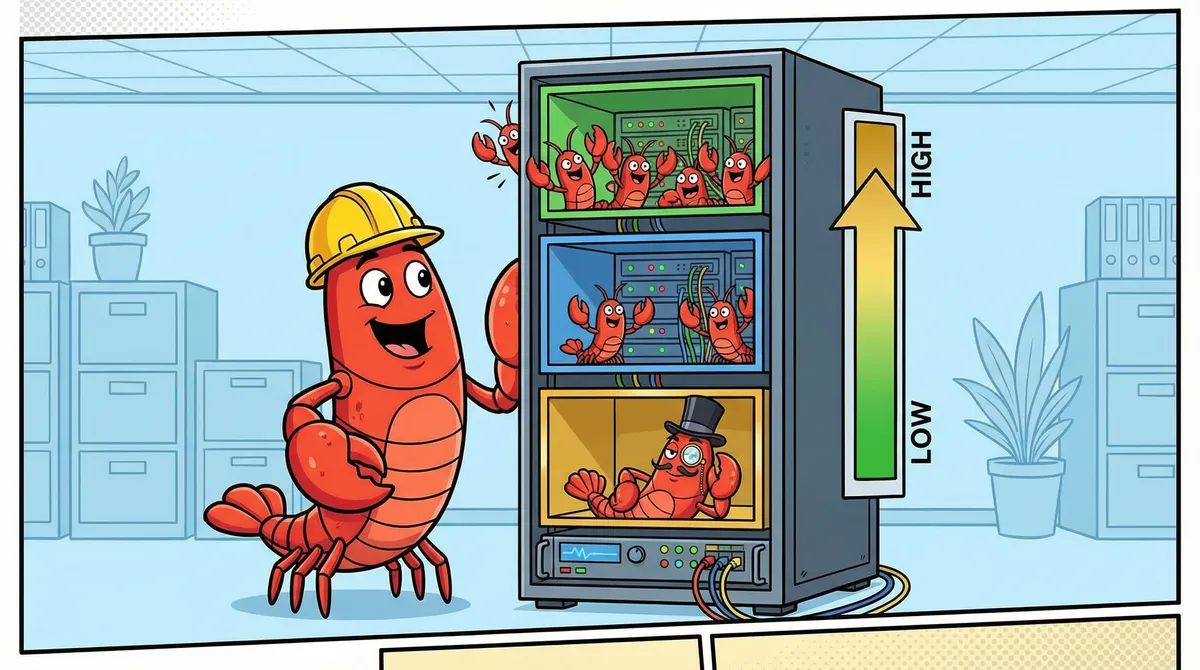 Lobster in hard hat presenting a server rack with tiered shelves from cheap to expensive