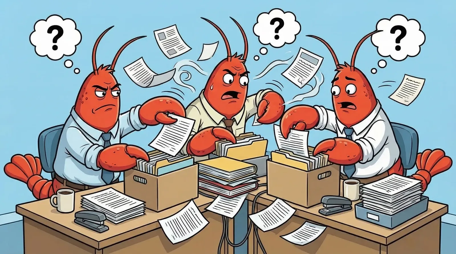 Confused lobsters reaching into each other&rsquo;s file folders