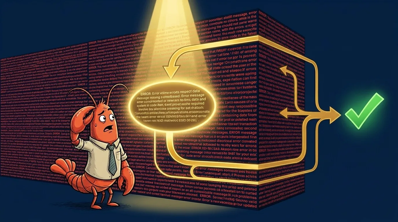 Confused cartoon lobster facing a wall of error messages with one highlighted in gold showing the fix path