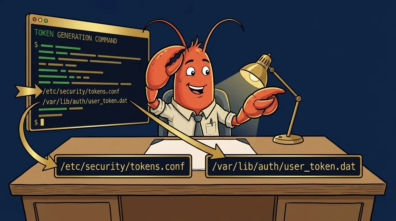 OpenClaw cartoon lobster watching a token generation command run in terminal