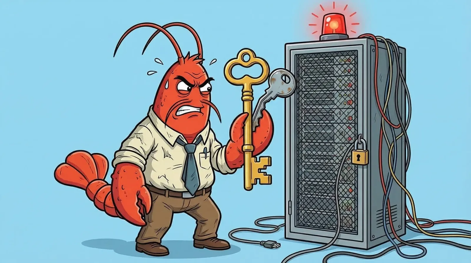 Frustrated lobster trying the wrong key on a locked server rack