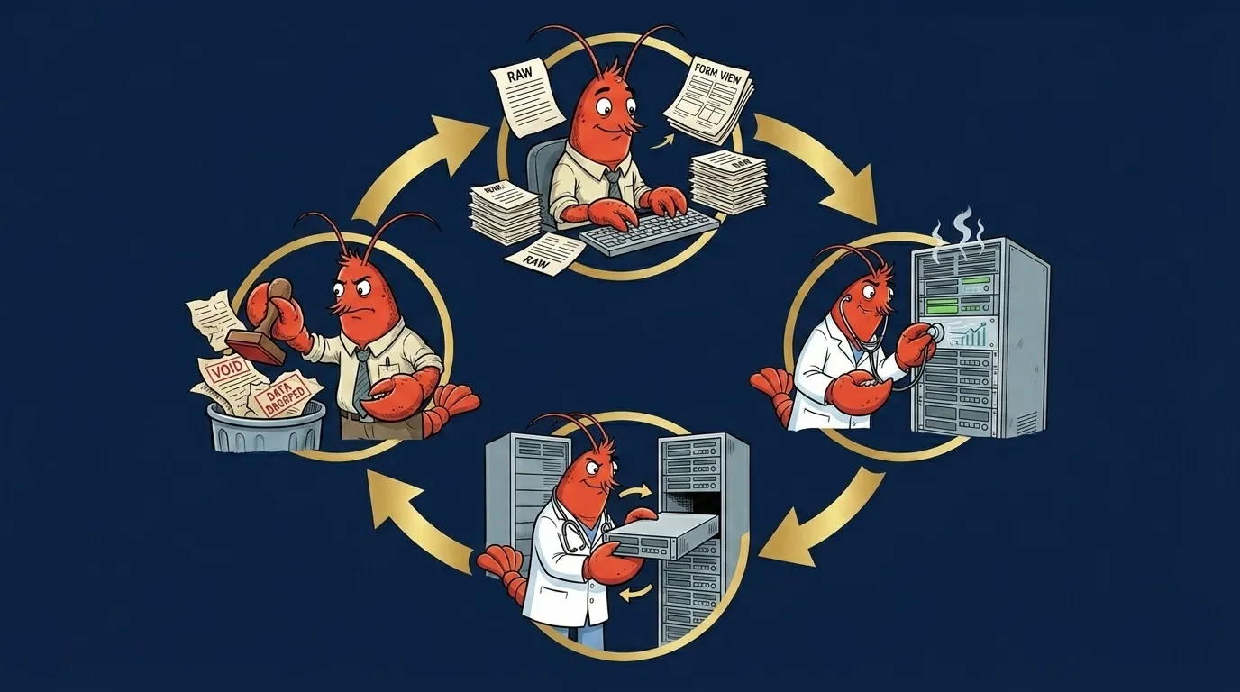 Cartoon lobster character at four stations in a circular lifecycle: generate, use, rotate, invalidate