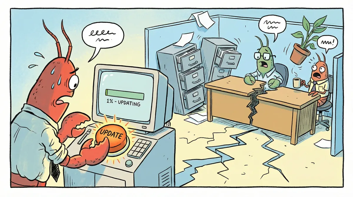 Lobster pressing the update button while the office falls apart around them