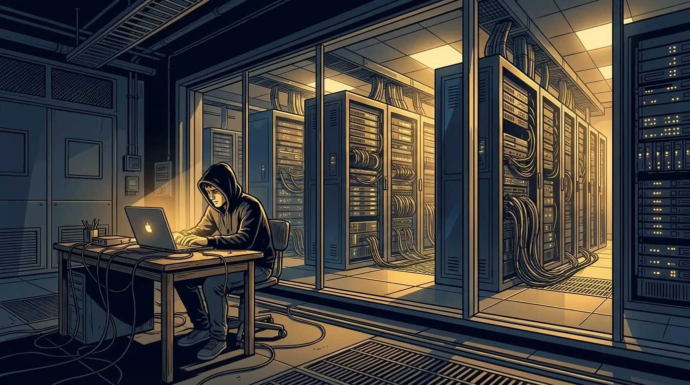 Navy and gold comic illustration of a person at a home desk with a laptop and a large server room visible behind a glass wall, contrasting a personal self-hosted AI setup with a production system