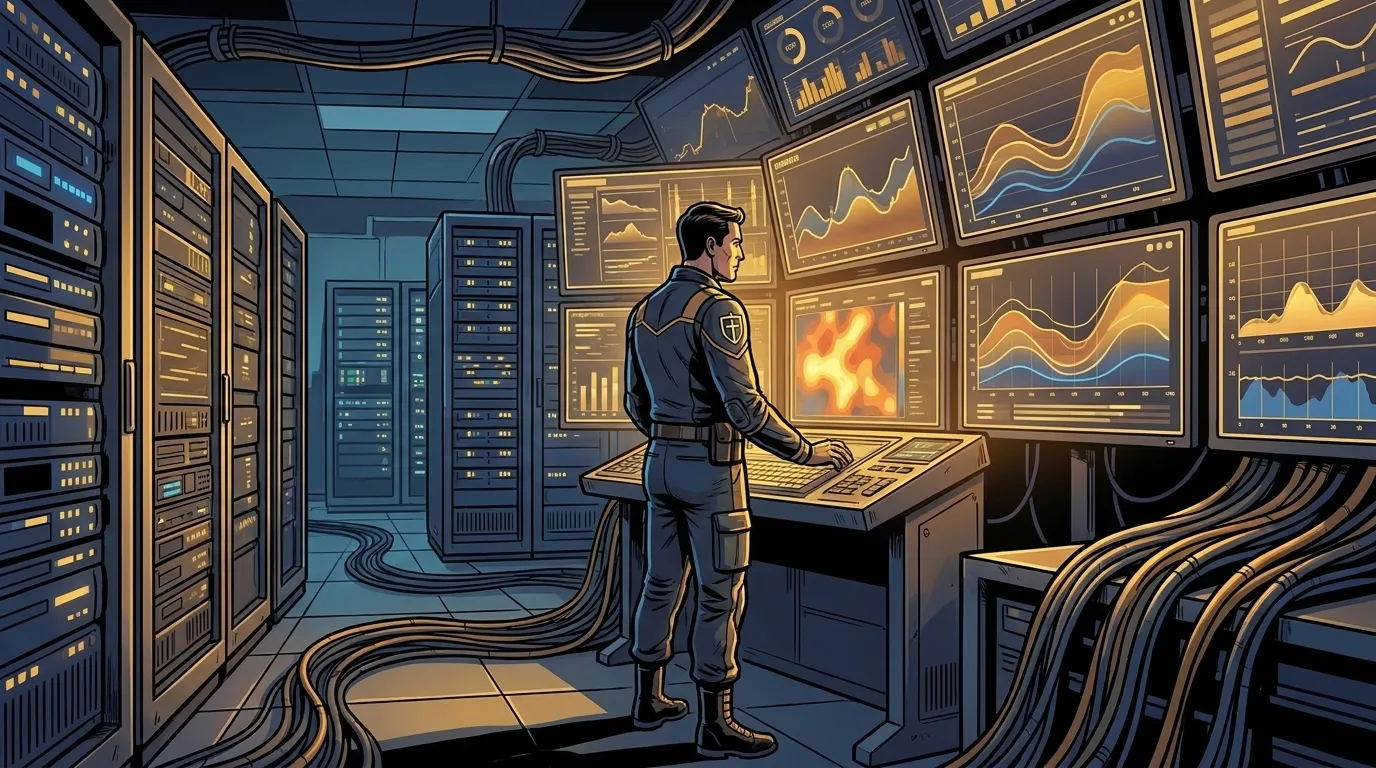 Navy and gold comic illustration of a technician at a control station facing a wall of glowing dashboard screens in a server room, representing monitoring and operations for production agentic AI