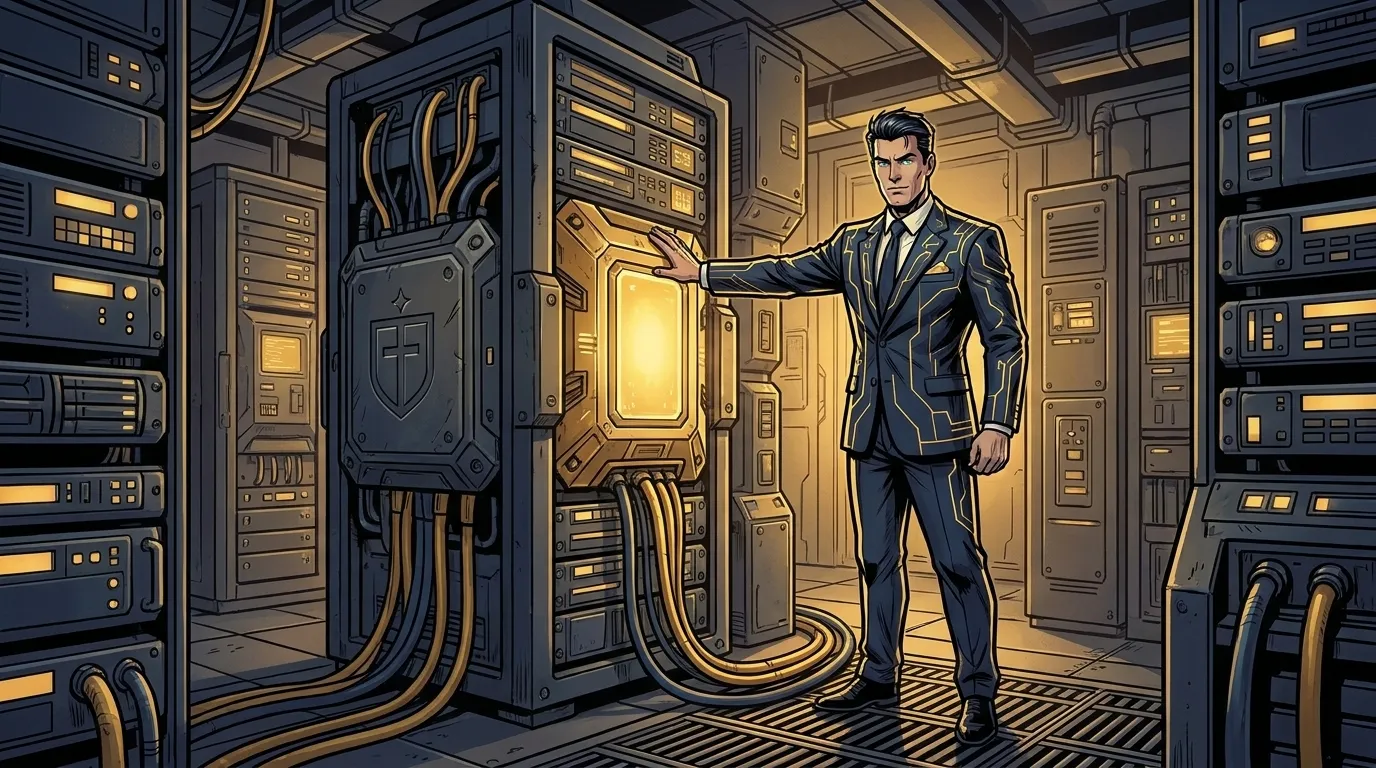 Navy and gold comic illustration of a professional standing in their own secure server room beside a glowing gold data core, representing keeping self-hosted AI within your own controlled environment