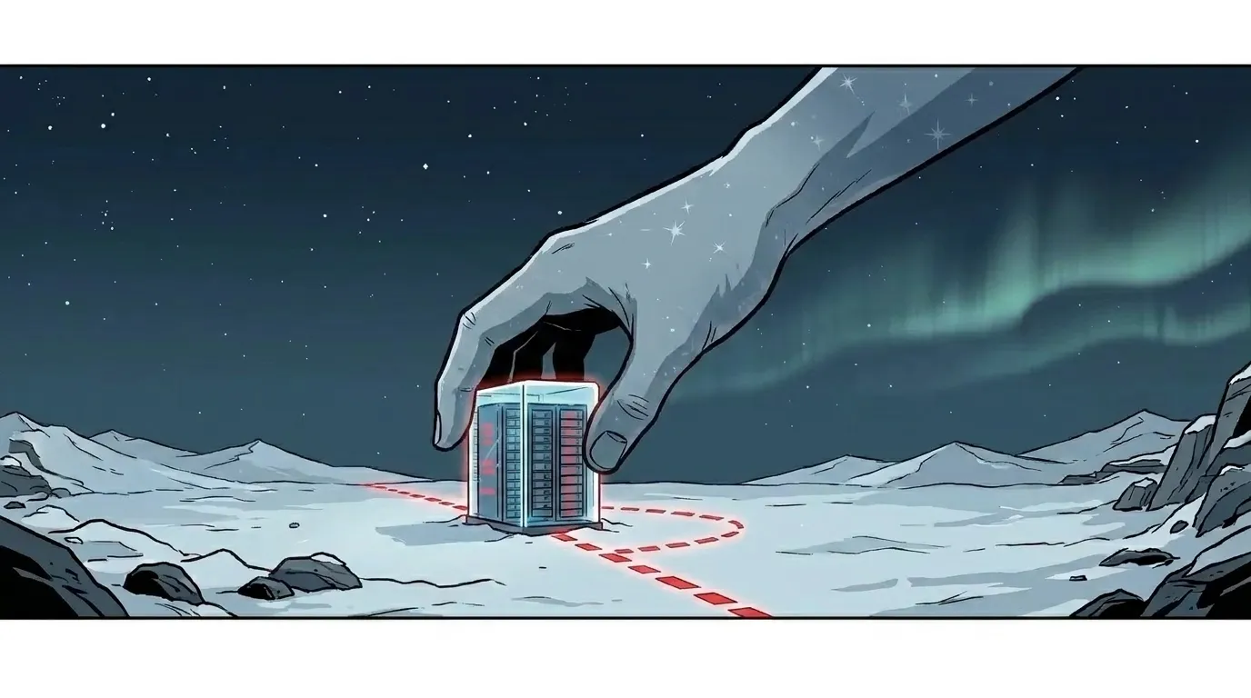 A Canadian-style data centre with a foreign legal arm reaching across a border toward data stored inside, representing CLOUD Act extraterritorial reach over data that has residency but not sovereignty