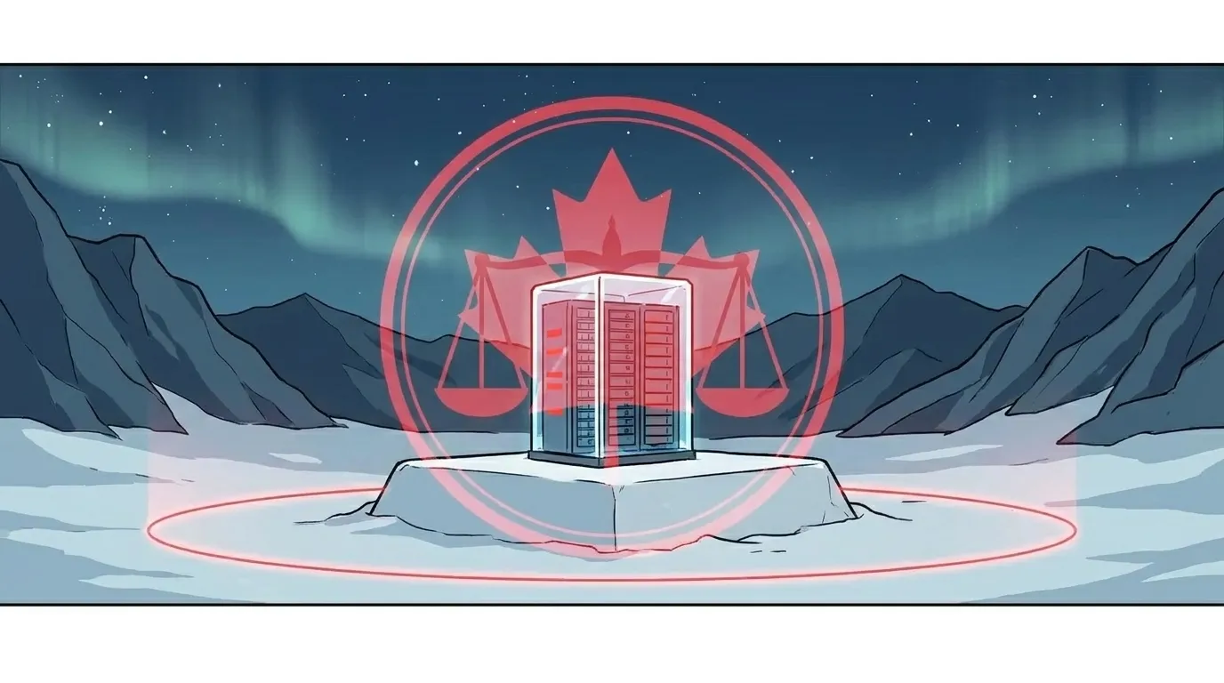 Split panel showing a server rack inside a building on the left versus the same data enclosed within a legal jurisdiction boundary on the right, illustrating that data residency and data sovereignty are distinct concepts