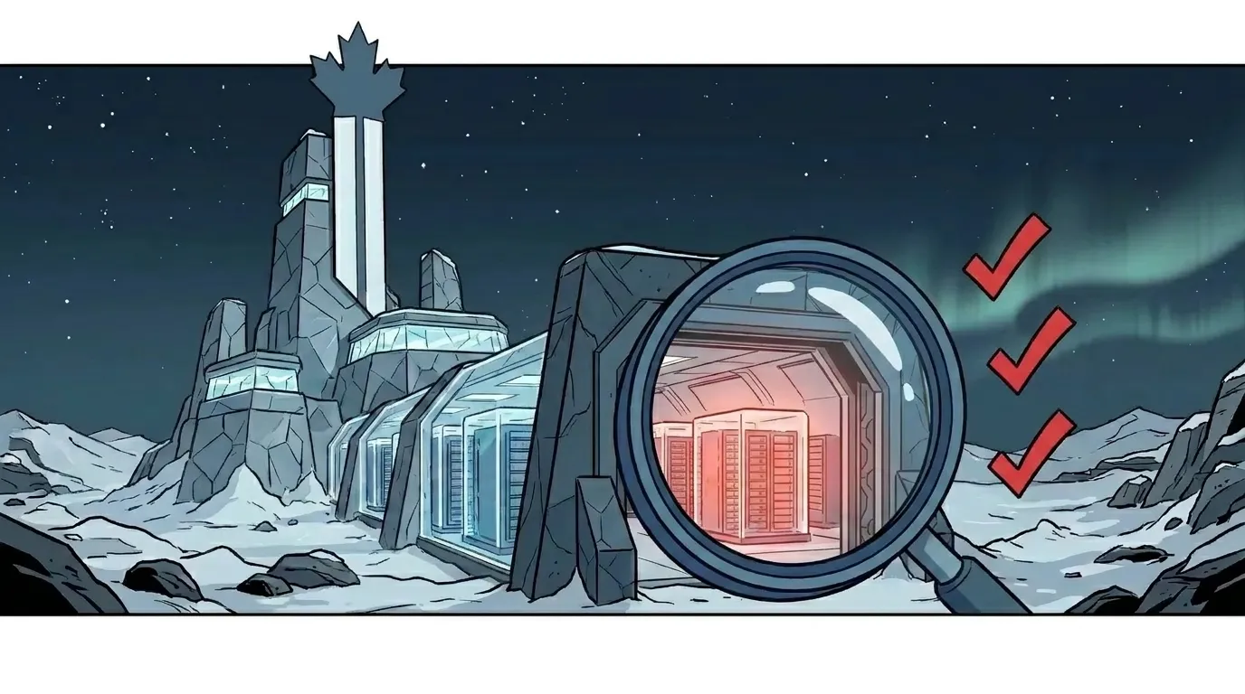 A clean graphic-novel evaluation panel showing a structured checklist with shield icons representing the five questions to vet a data sovereignty claim